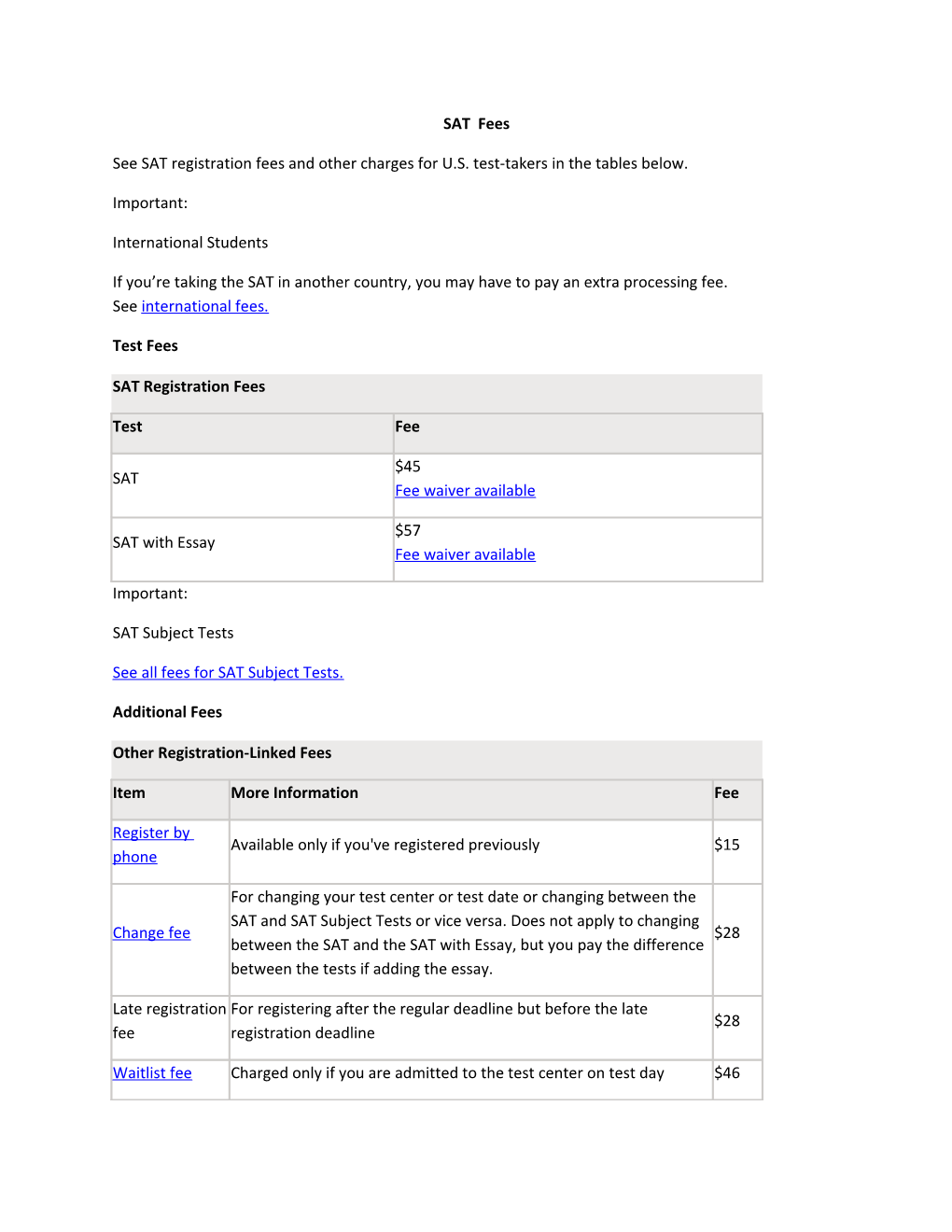 See SAT Registration Fees and Other Charges for U.S. Test-Takers in the Tables Below