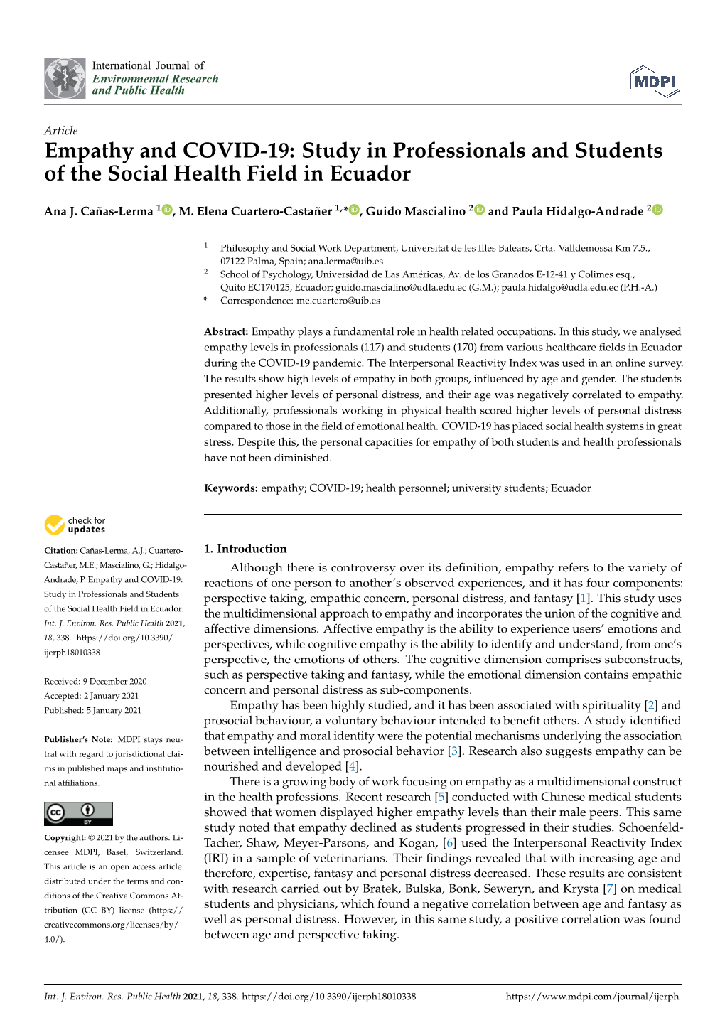 Empathy and COVID-19: Study in Professionals and Students of the Social Health Field in Ecuador