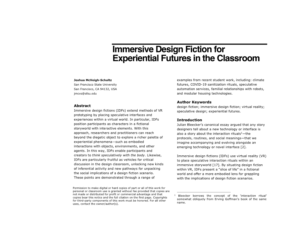 Immersive Design Fiction- Experiential Futures in the Classroom