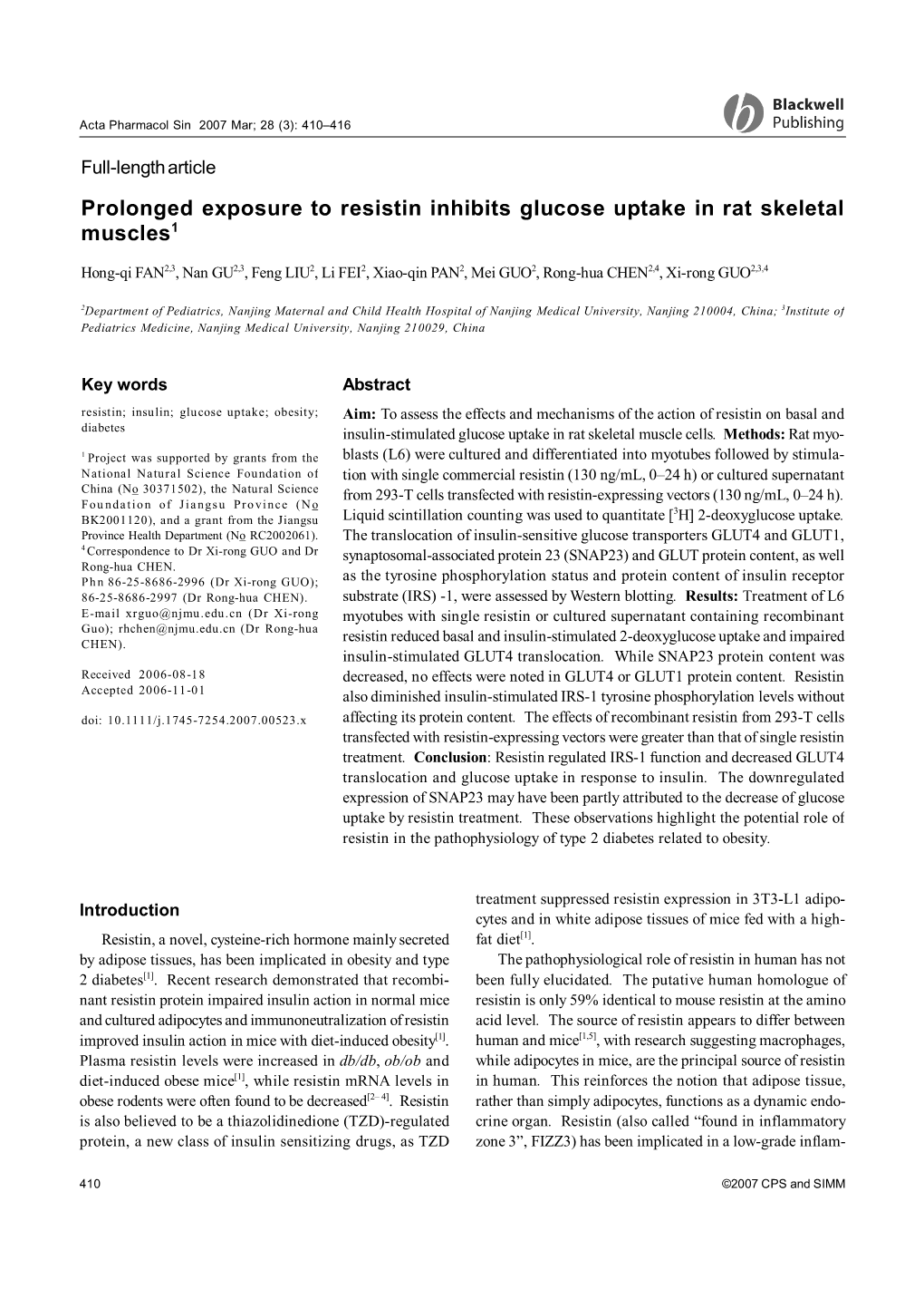 Prolonged Exposure to Resistin Inhibits Glucose Uptake in Rat Skeletal Muscles1