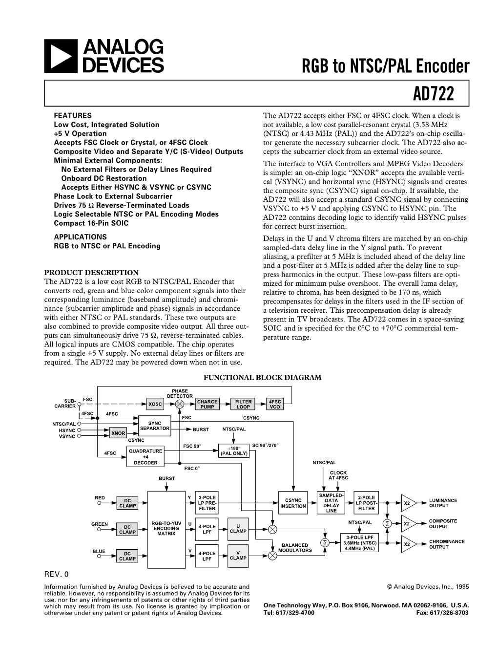 RGB to NTSC/PAL Encoder AD722