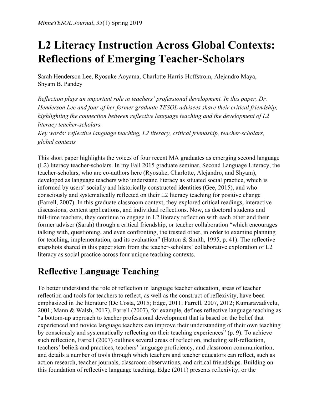 L2 Literacy Instruction Across Global Contexts: Reflections of Emerging Teacher-Scholars