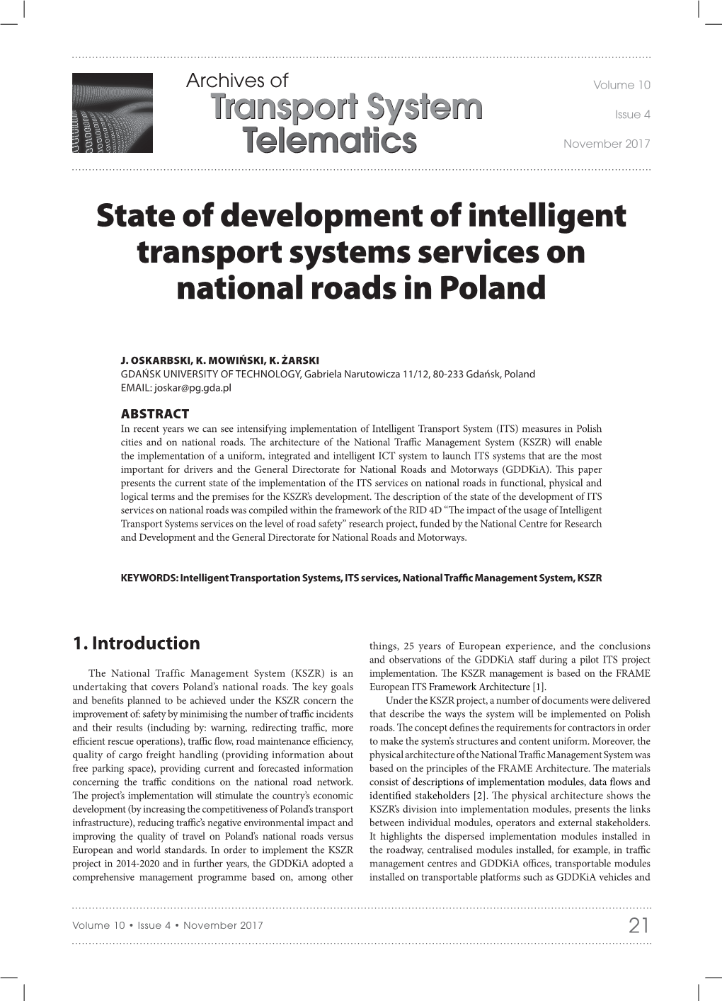 Telematics Transport System State of Development of Intelligent Transport Systems Services on National Roads in Poland