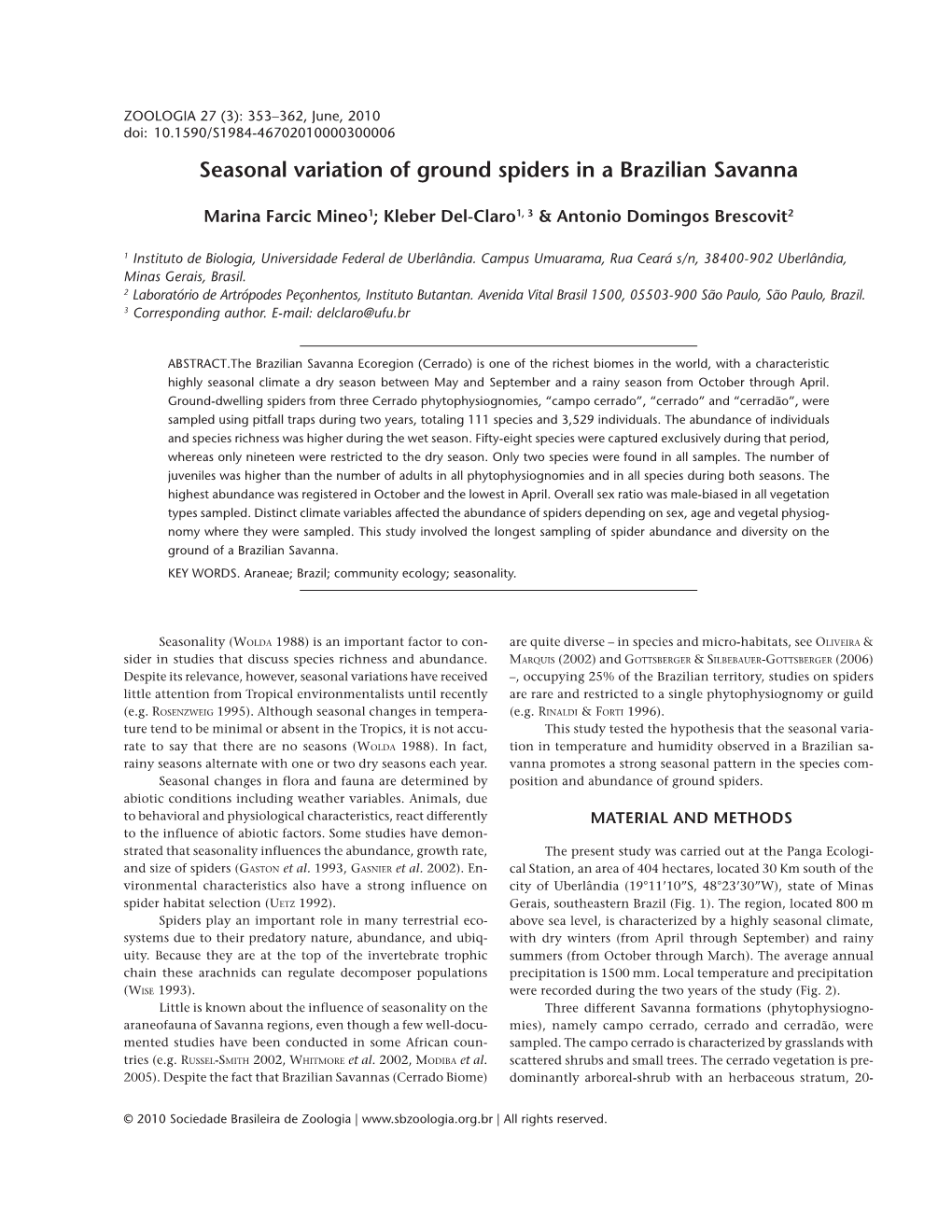 Seasonal Variation of Ground Spiders in a Brazilian Savanna