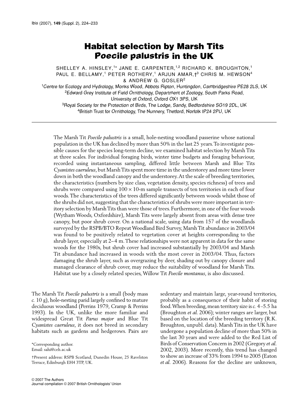 Habitat Selection by Marsh Tits Poecile Palustris in the UK