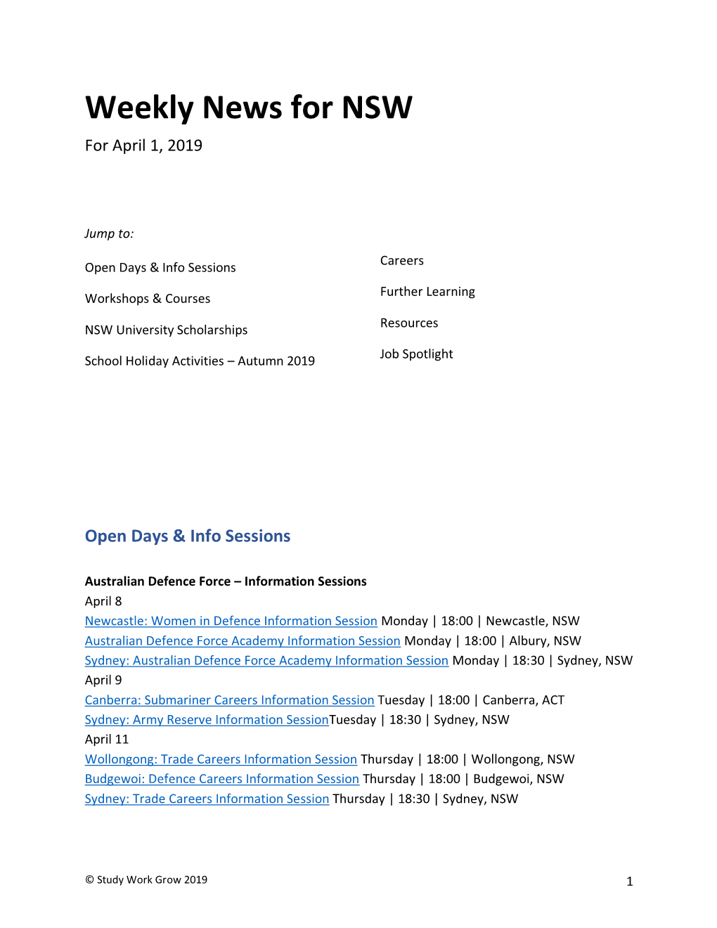 Weekly News for NSW for April 1, 2019