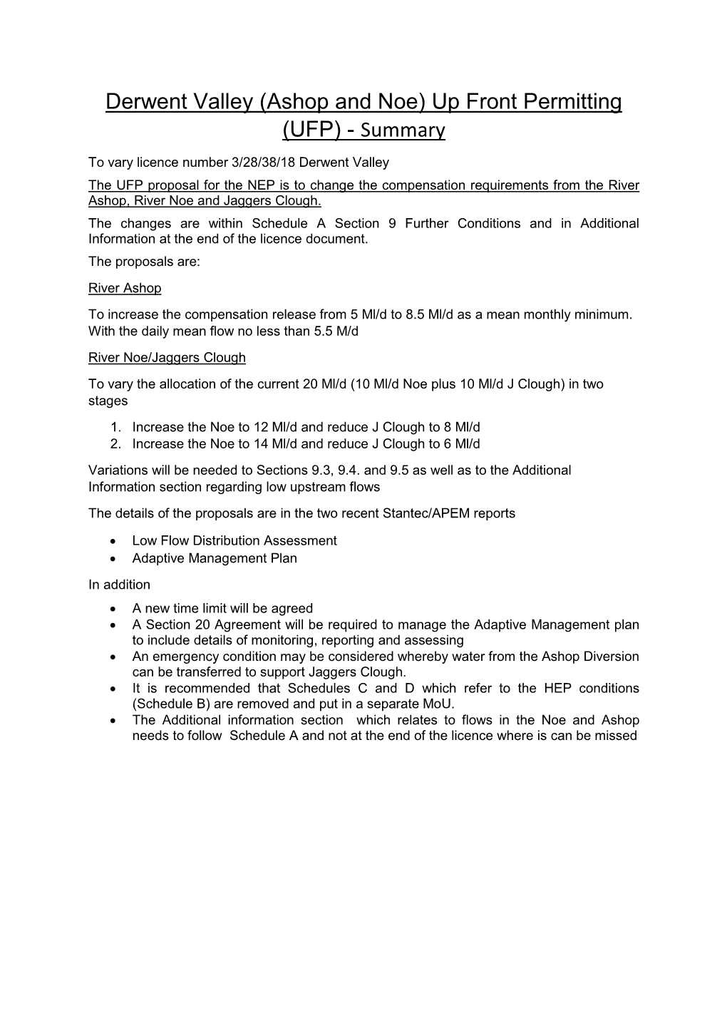 Derwent Valley (Ashop and Noe) up Front Permitting (UFP) - Summary