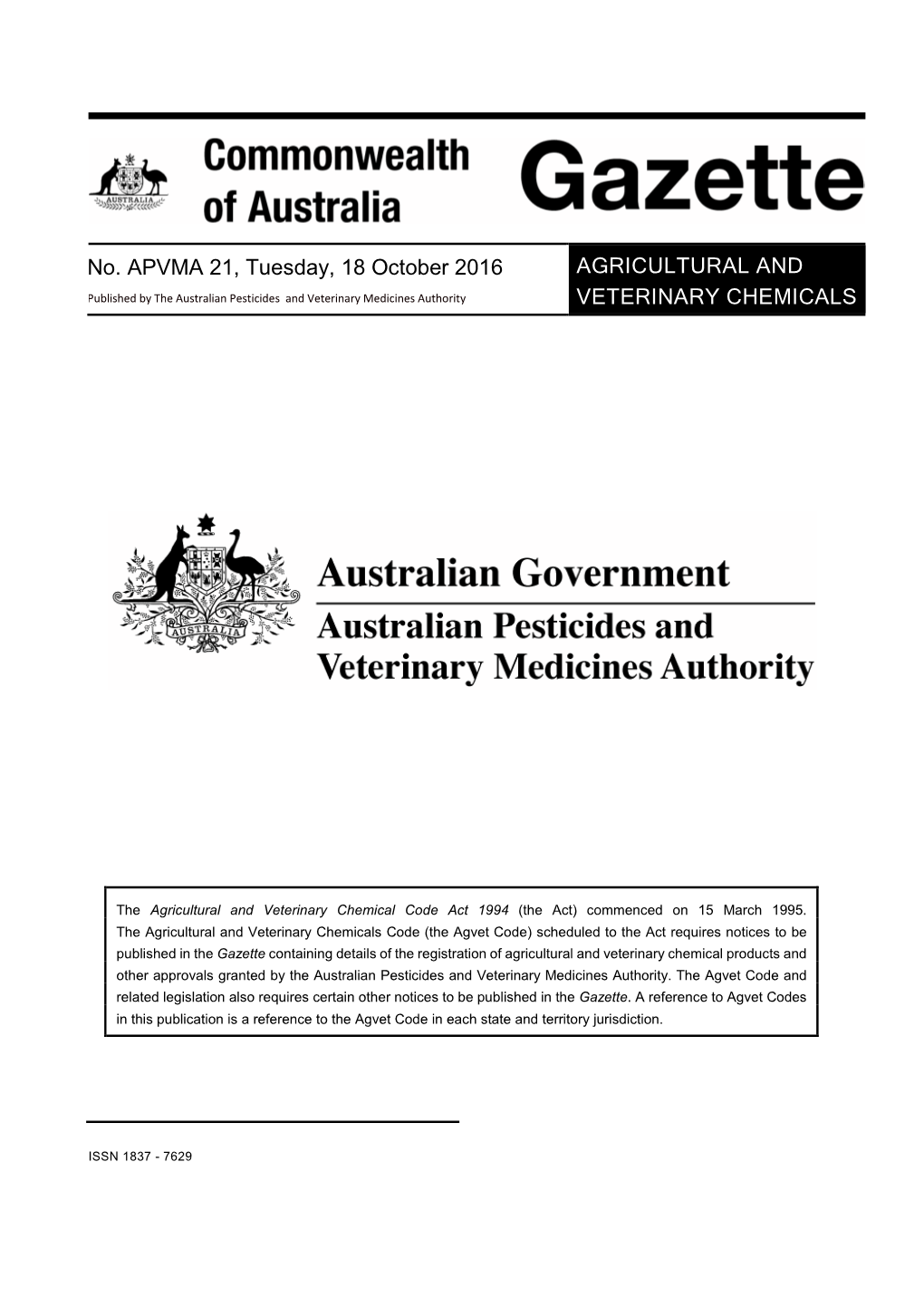 APVMA Gazette No. 21, 18 October 2016