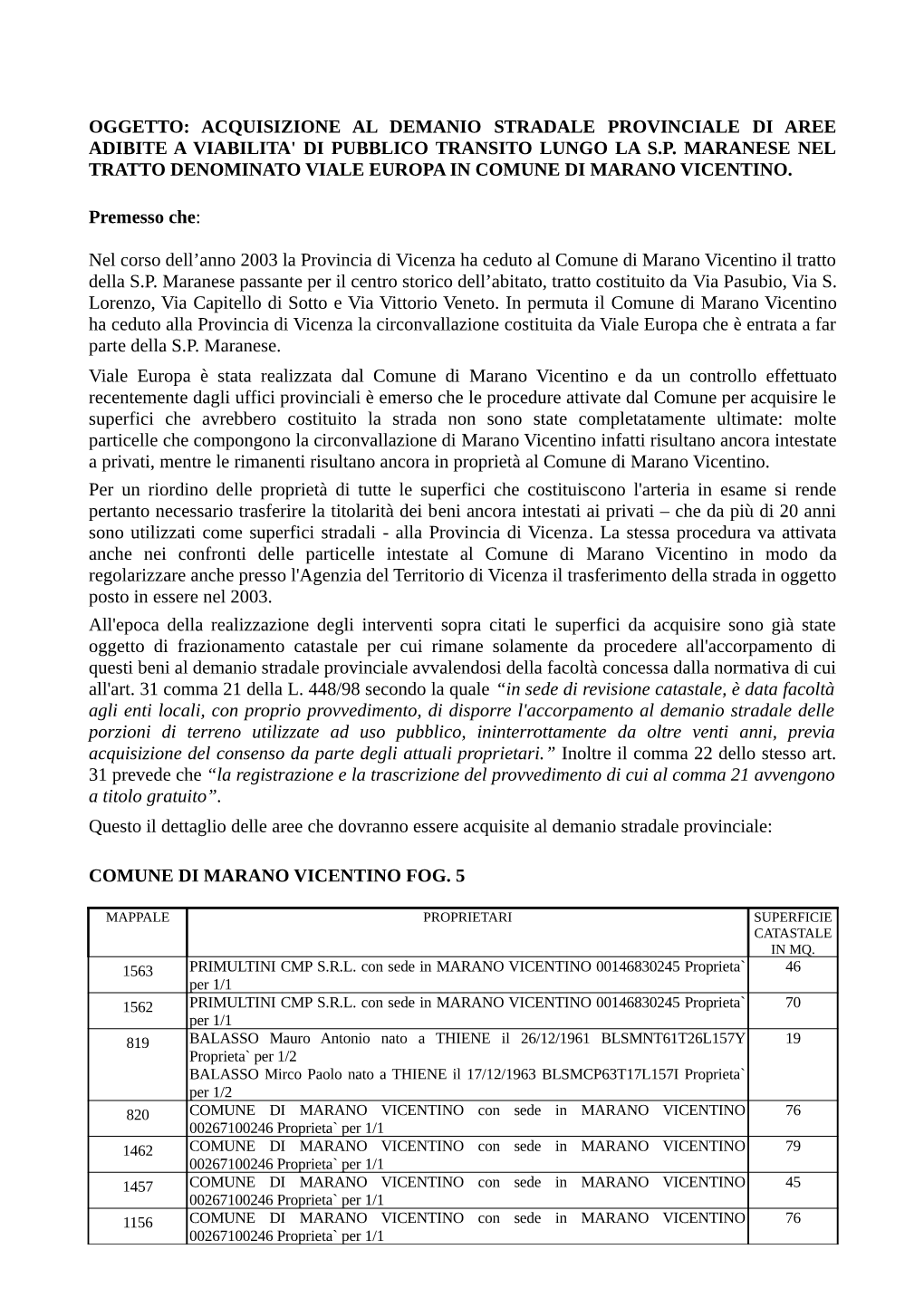 Oggetto: Acquisizione Al Demanio Stradale Provinciale Di Aree Adibite a Viabilita' Di Pubblico Transito Lungo La S.P