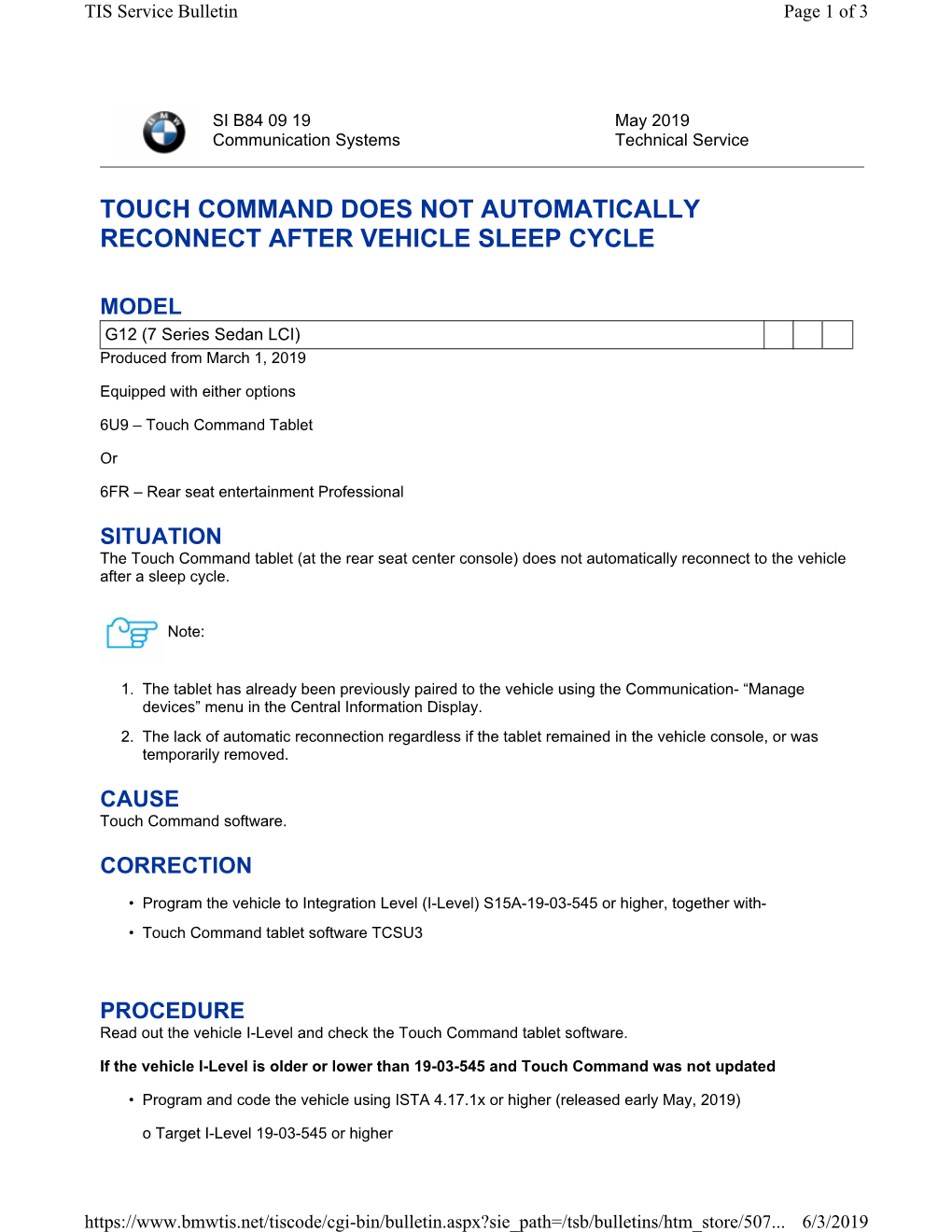 Touch Command Does Not Automatically Reconnect After Vehicle Sleep Cycle