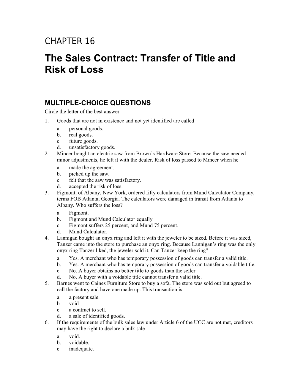 The Sales Contract: Transfer of Title and Risk of Loss s1