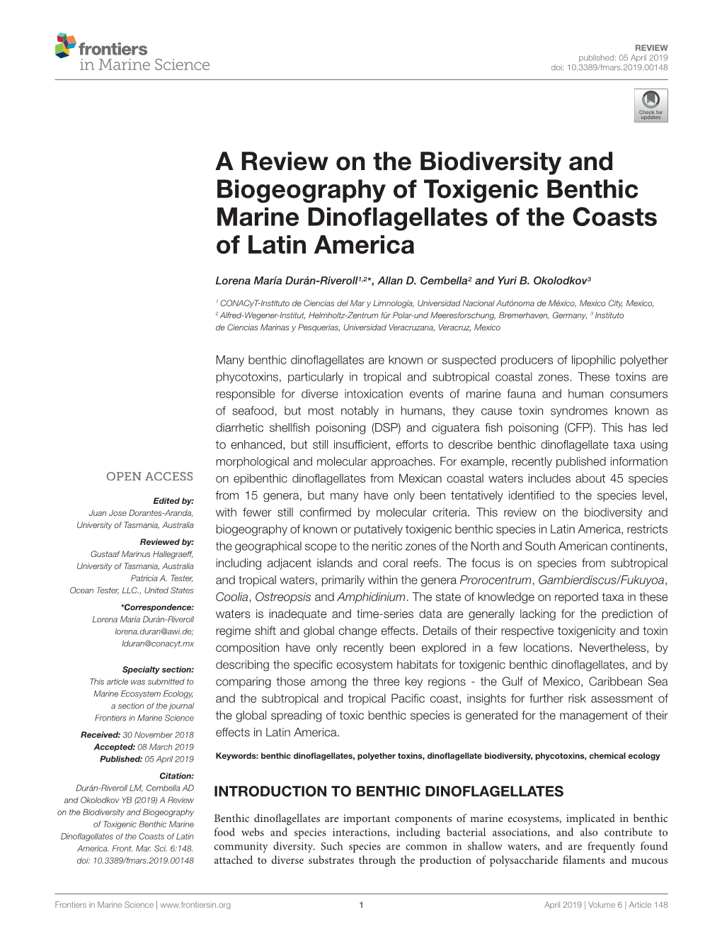 A Review on the Biodiversity and Biogeography of Toxigenic Benthic Marine Dinoﬂagellates of the Coasts of Latin America