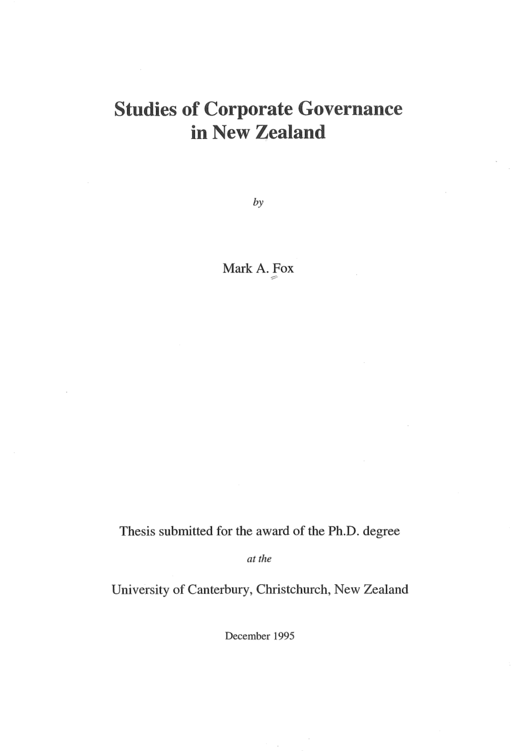 Studies of Corporate Governance in New Zealand