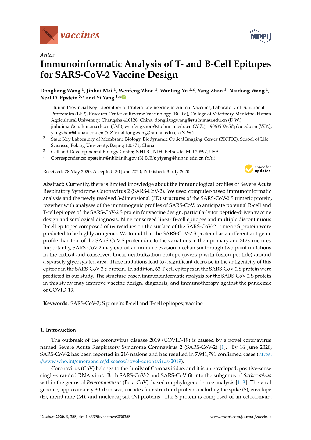 Immunoinformatic Analysis of T- and B-Cell Epitopes for SARS-Cov-2 Vaccine Design