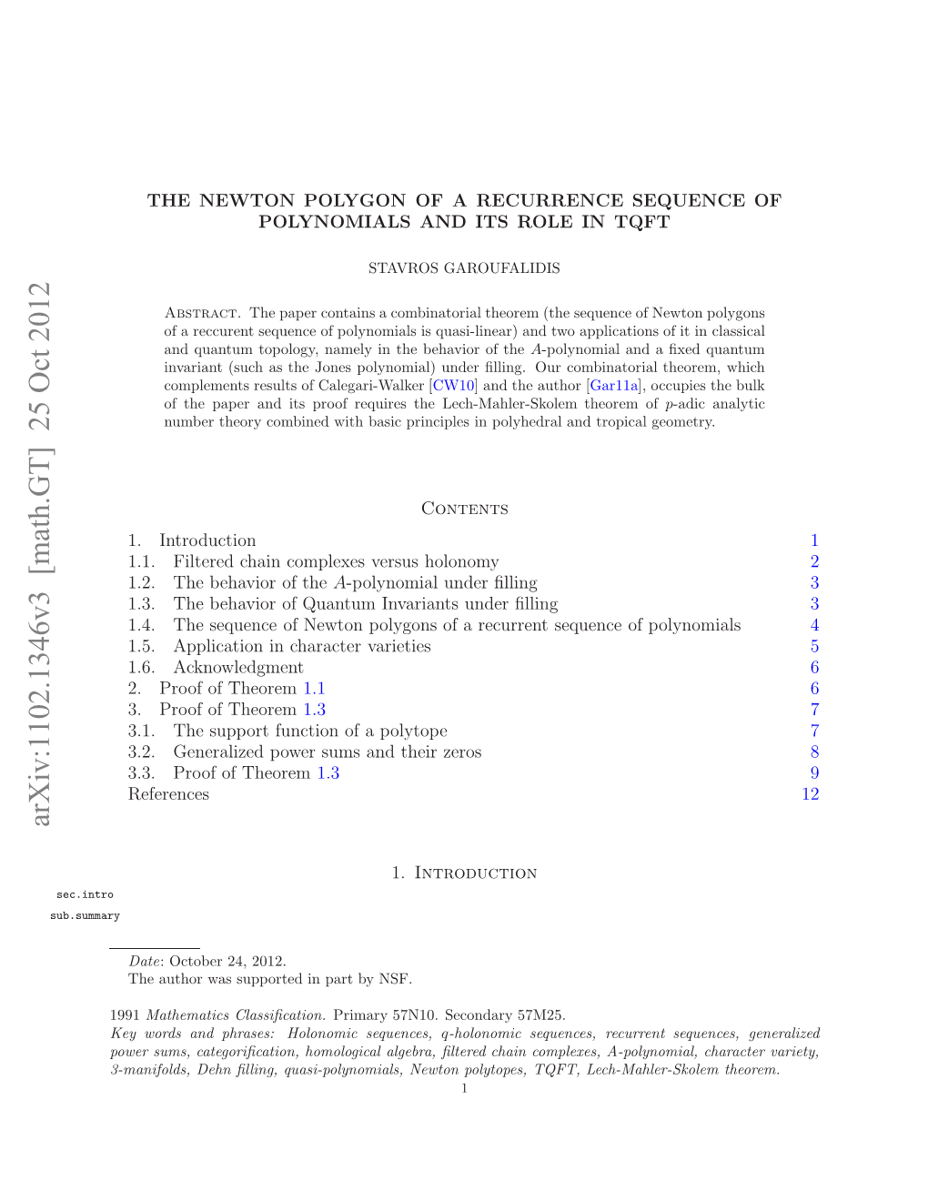 The Newton Polygon of a Recurrence Sequence of Polynomials and Its