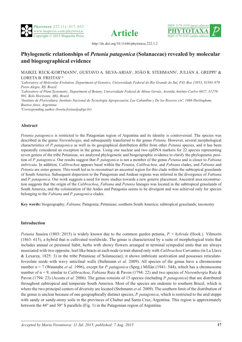 Phylogenetic Relationships of Petunia Patagonica (Solanaceae) Revealed by Molecular and Biogeographical Evidence