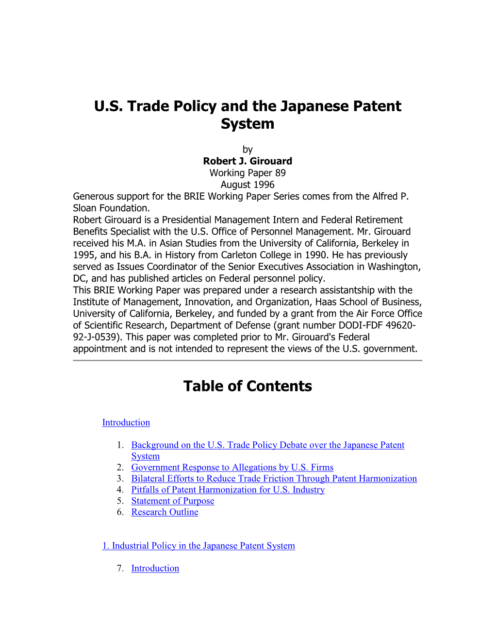 U.S. Trade Policy and the Japanese Patent System Table of Contents
