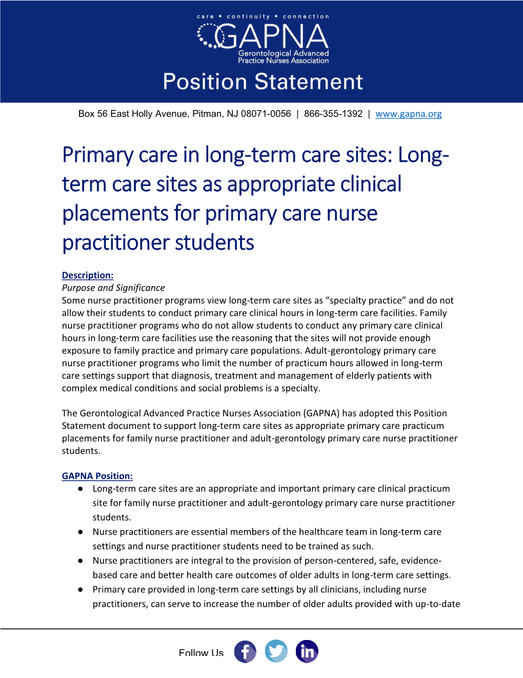 Long- Term Care Sites As Appropriate Clinical Placements for Primary Care Nurse Practitioner Students