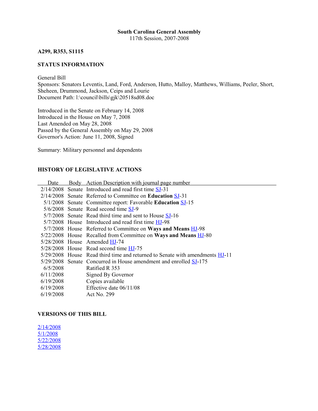 2007-2008 Bill 1115: Military Personnel and Dependents - South Carolina Legislature Online