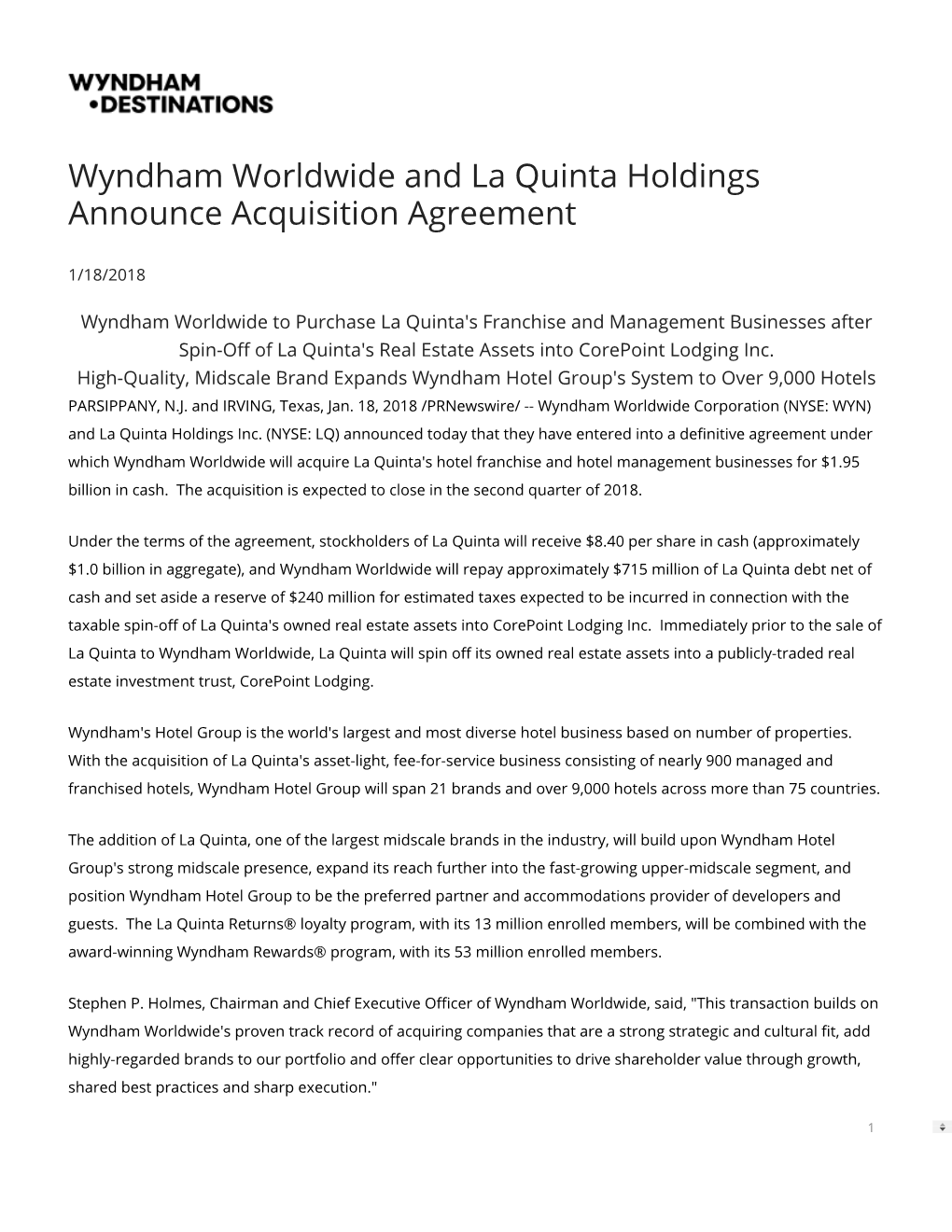 Wyndham Worldwide and La Quinta Holdings Announce Acquisition Agreement