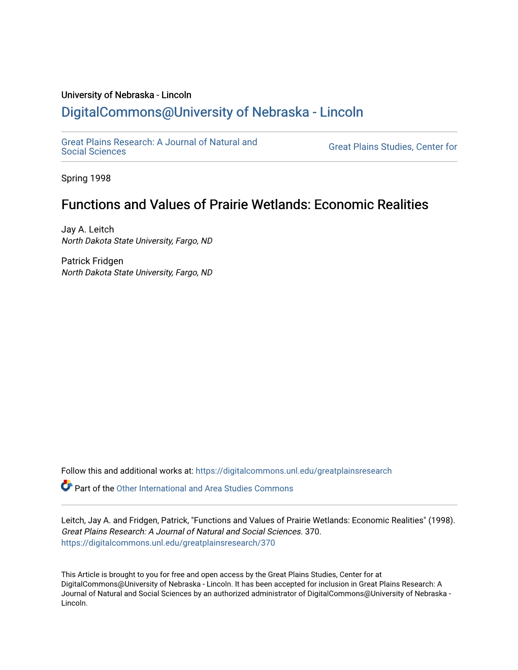 Functions and Values of Prairie Wetlands: Economic Realities