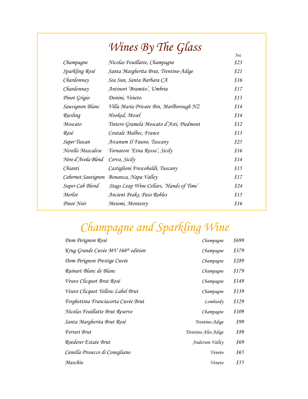 Wines by the Glass Champagne and Sparkling Wine