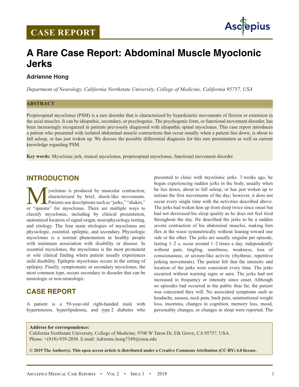 A Rare Case Report: Abdominal Muscle Myoclonic Jerks Adrienne Hong