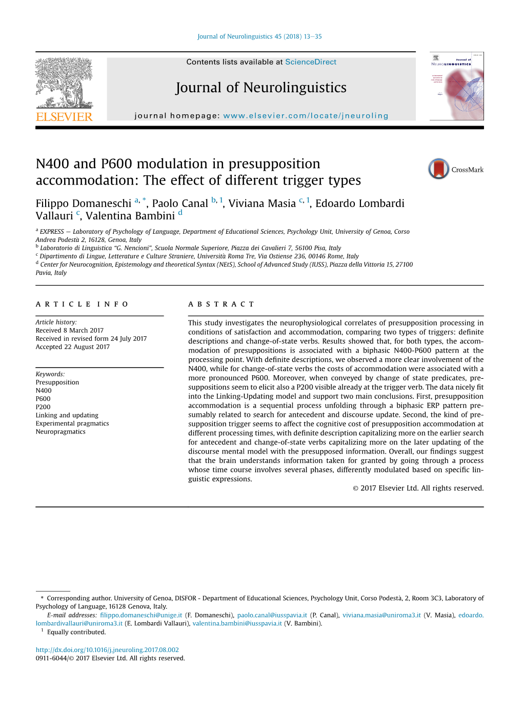N400 and P600 Modulation in Presupposition Accommodation: the Effect of Different Trigger Types