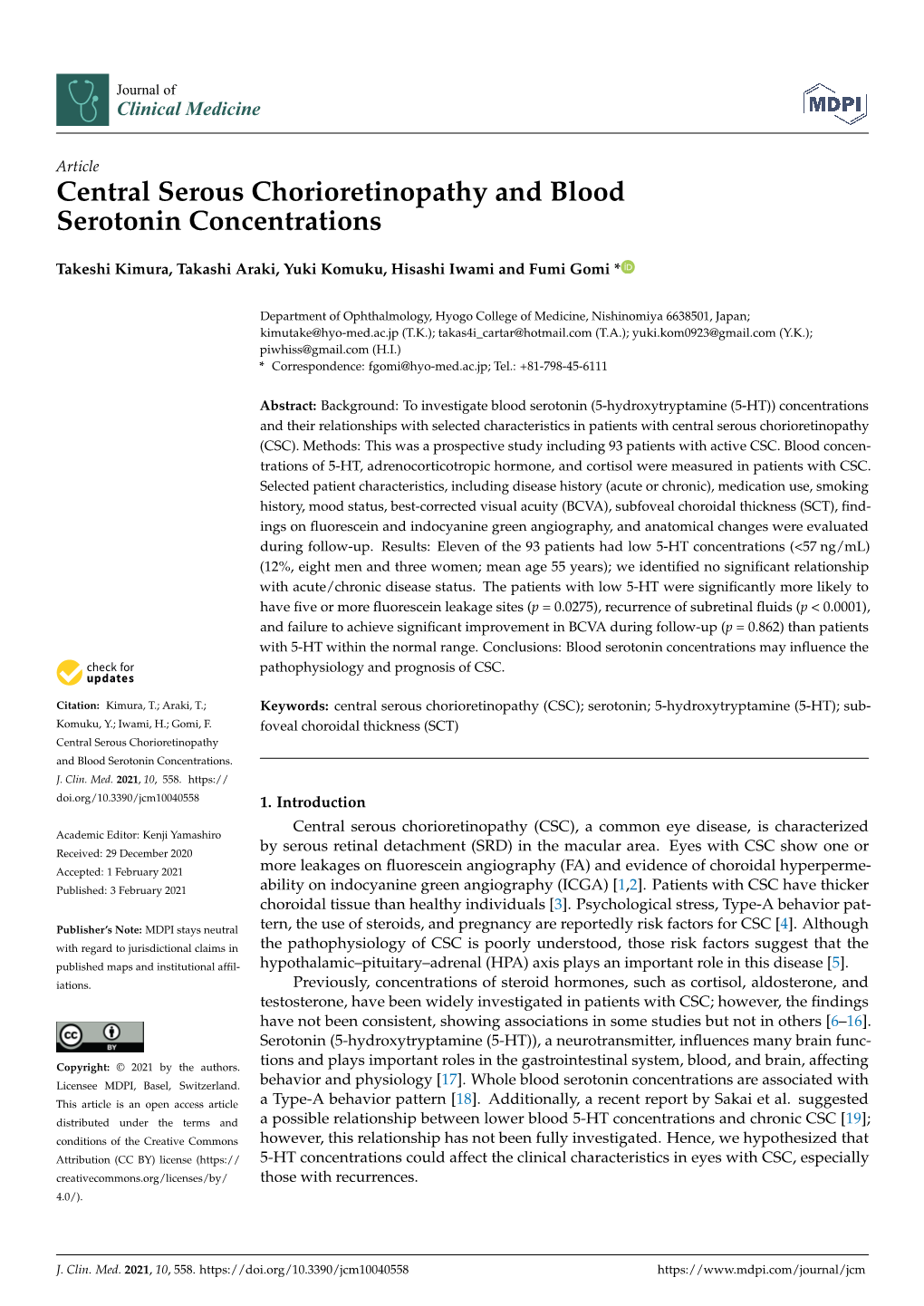 Central Serous Chorioretinopathy and Blood Serotonin Concentrations