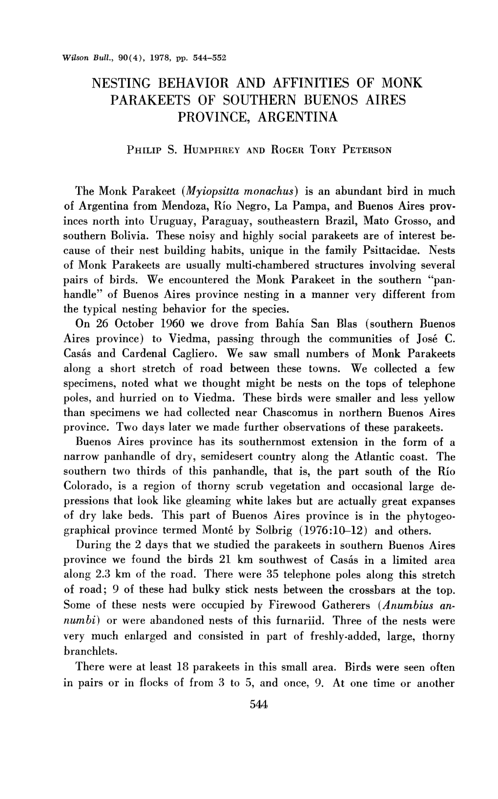 Nesting Behavior and Affinities of Monk Parakeets of Southern Buenos Aires Province, Argentina