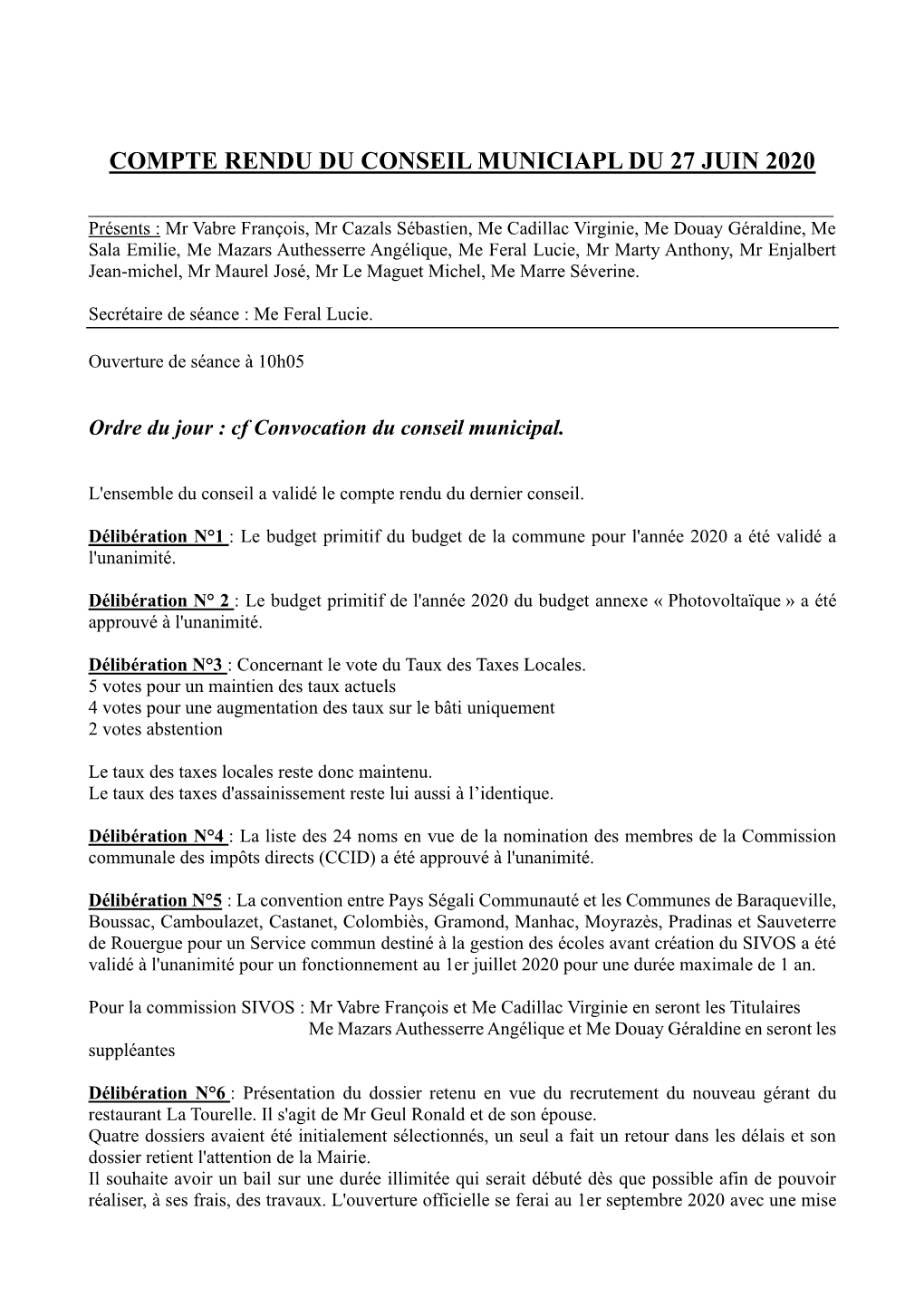 Compte Rendu Du Conseil Municiapl Du 27 Juin 2020