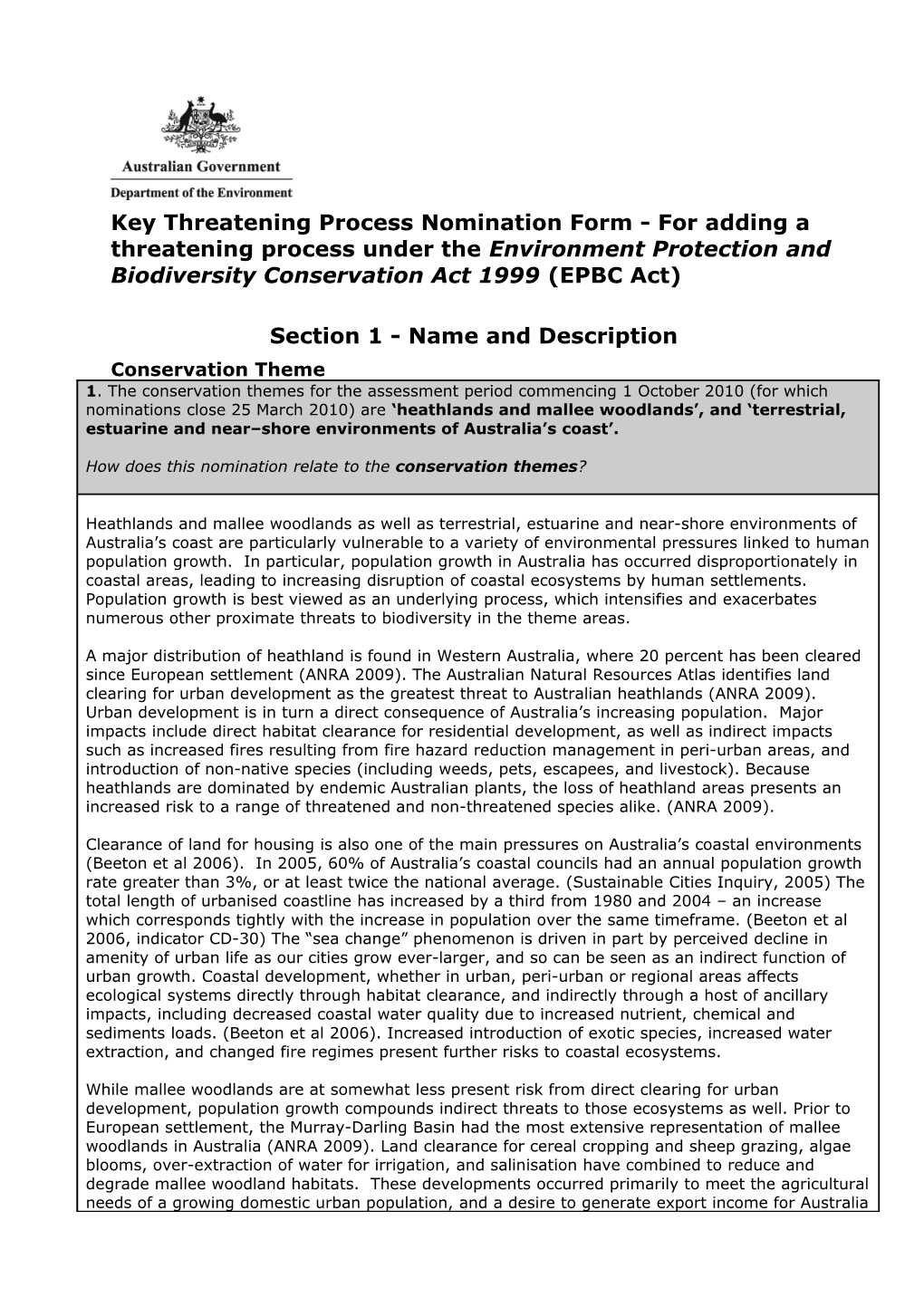 Threatened Species Nomination Form - Human Population Growth