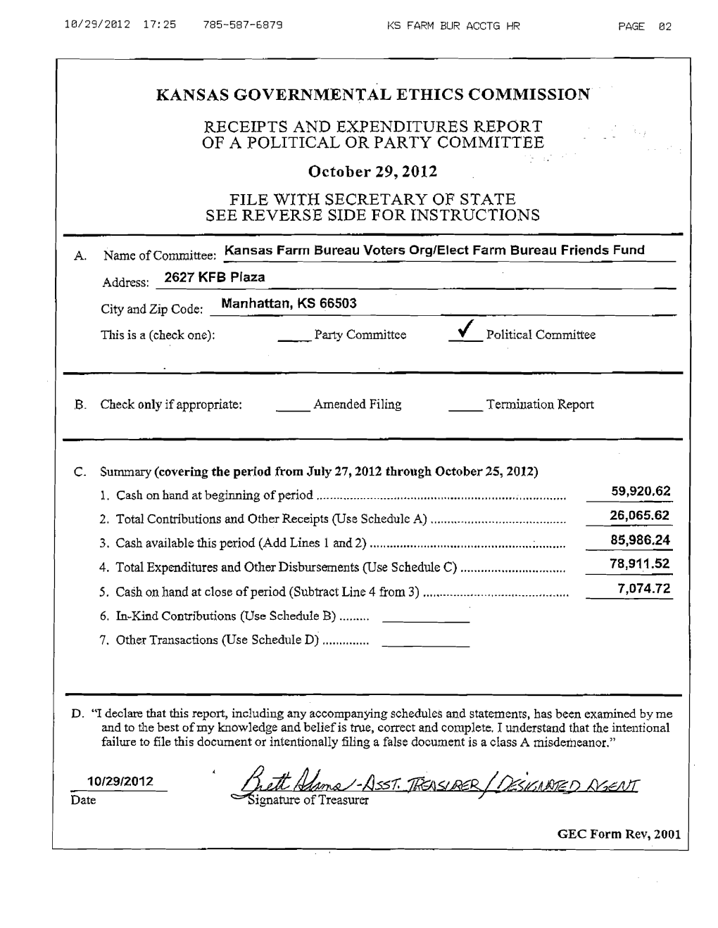 Kansas Governmental Ethics Commission Receipts