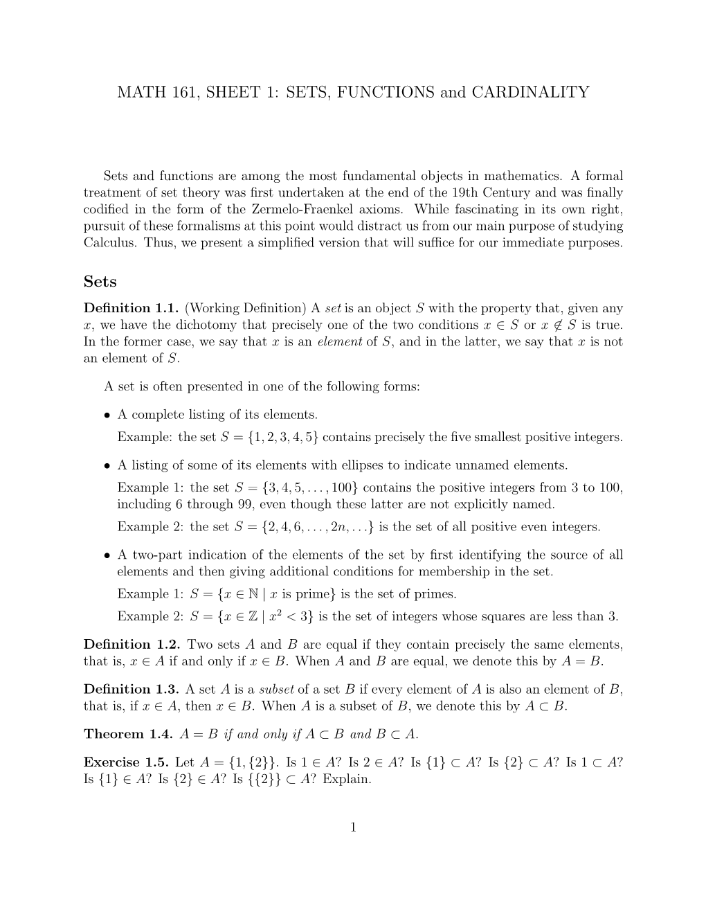 MATH 161, SHEET 1: SETS, FUNCTIONS and CARDINALITY Sets