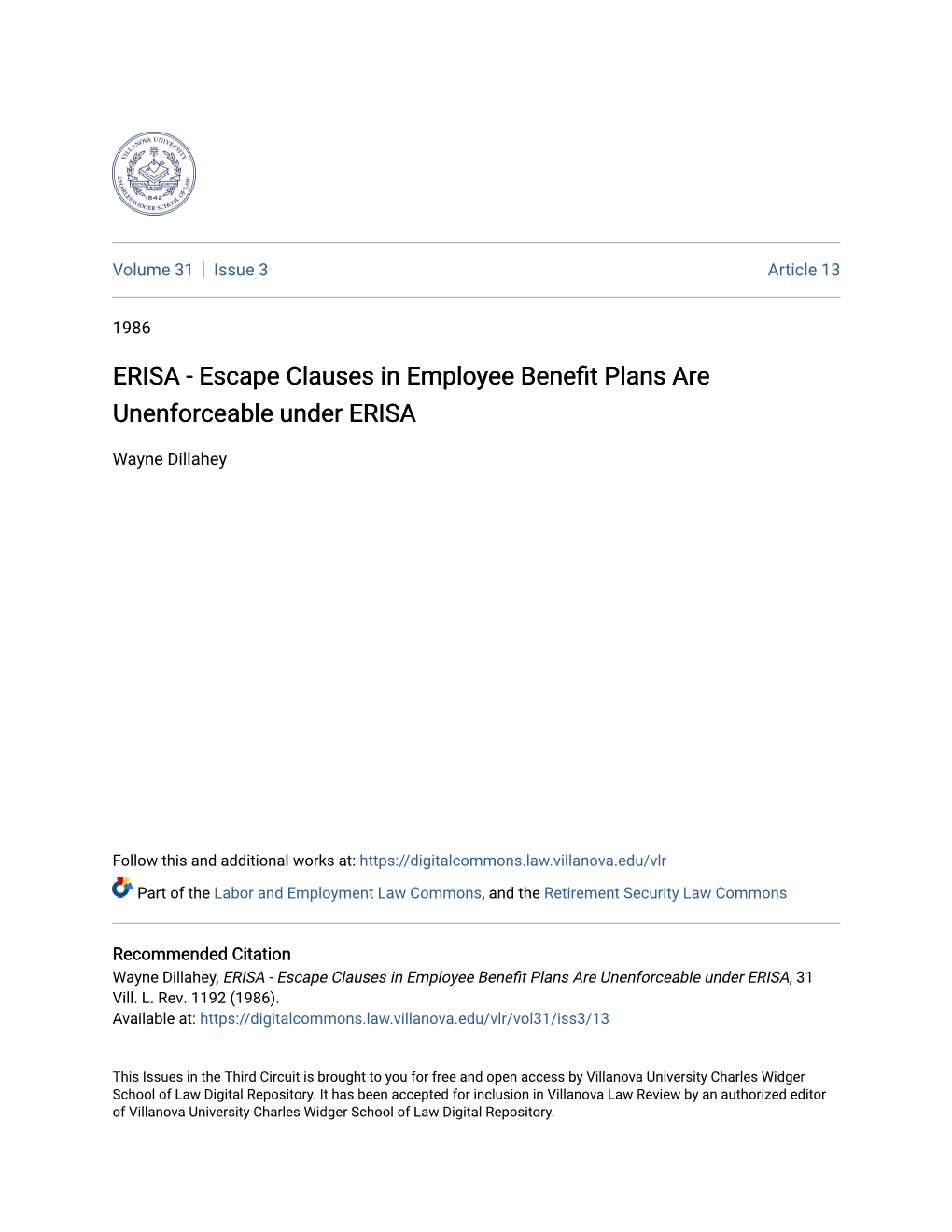 ERISA - Escape Clauses in Employee Benefit Plans Are Unenforceable Under ERISA