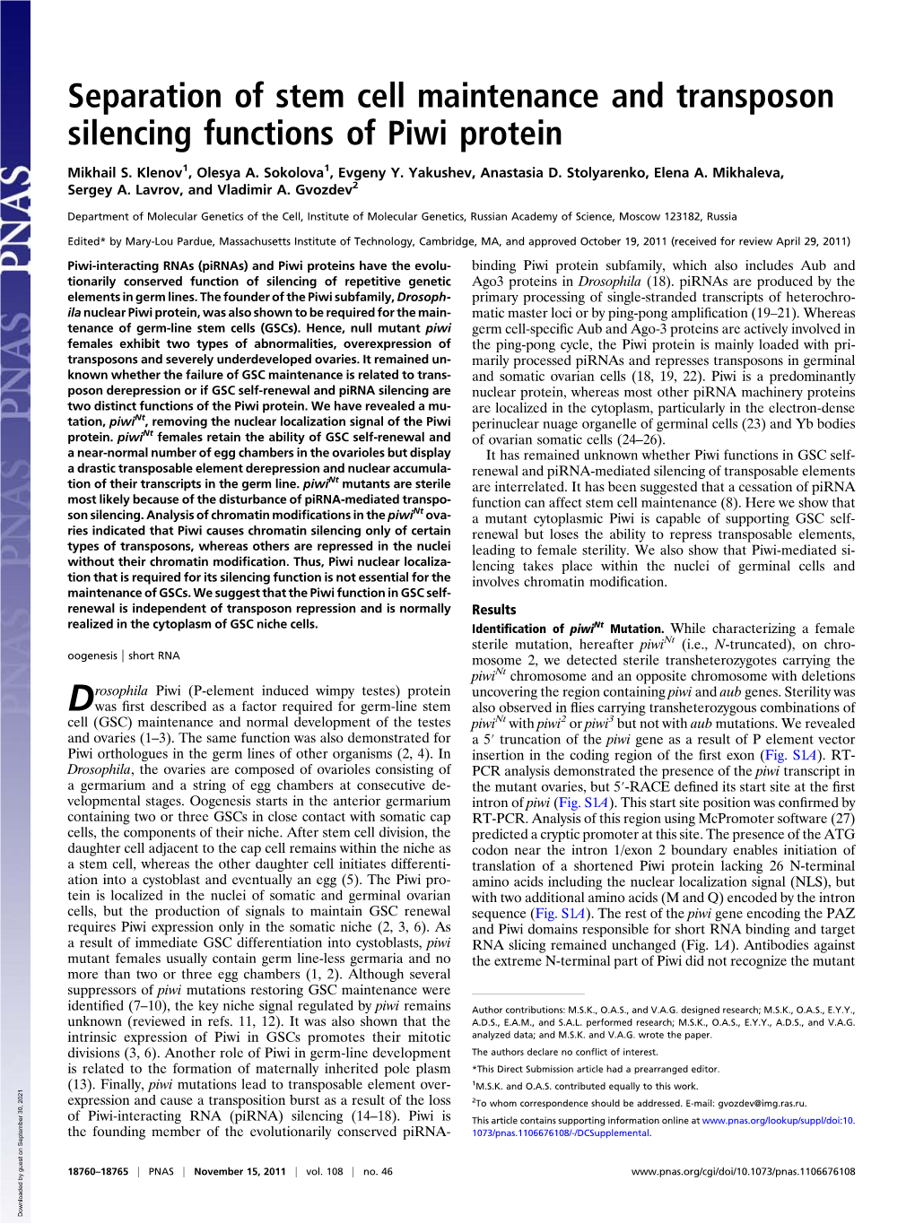 Separation of Stem Cell Maintenance and Transposon Silencing Functions of Piwi Protein