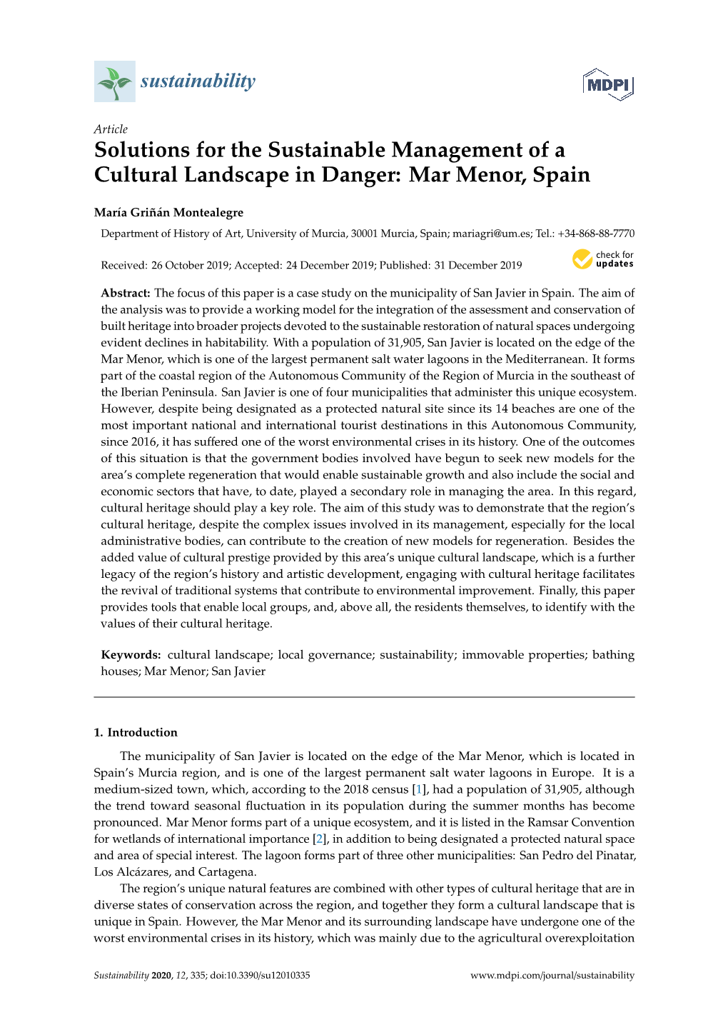 Solutions for the Sustainable Management of a Cultural Landscape in Danger: Mar Menor, Spain