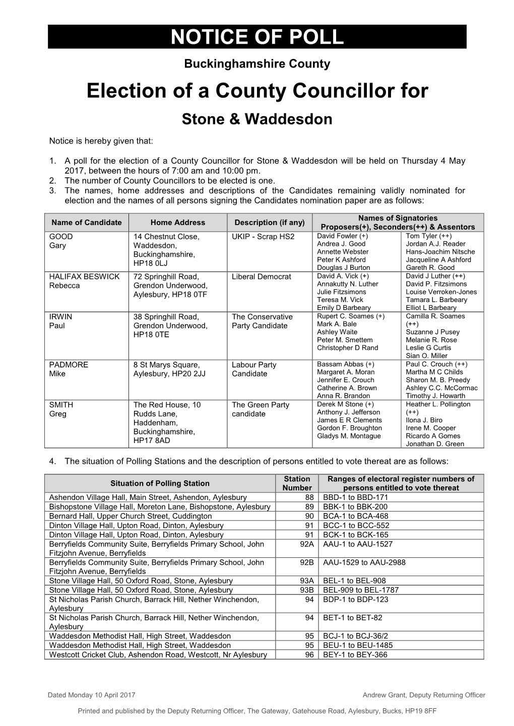 Notice of Poll Stone & Waddesdon