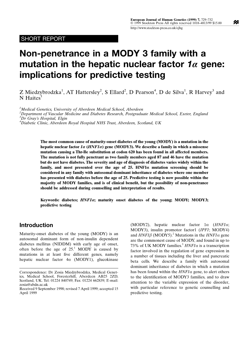 Non-Penetrance in a MODY 3 Family with a Mutation in the Hepatic Nuclear Factor 1Α Gene: Implications for Predictive Testing