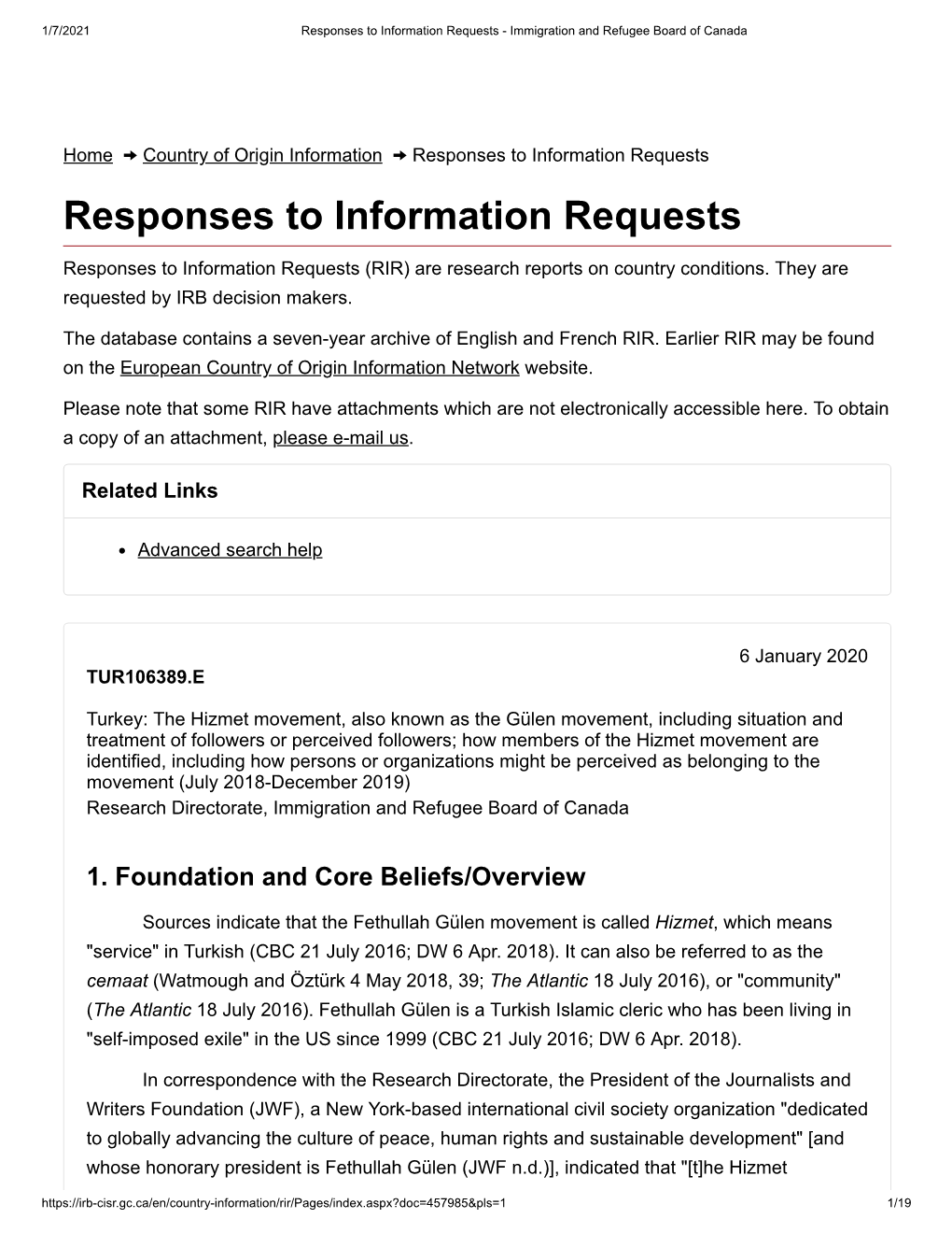 Responses to Information Requests - Immigration and Refugee Board of Canada