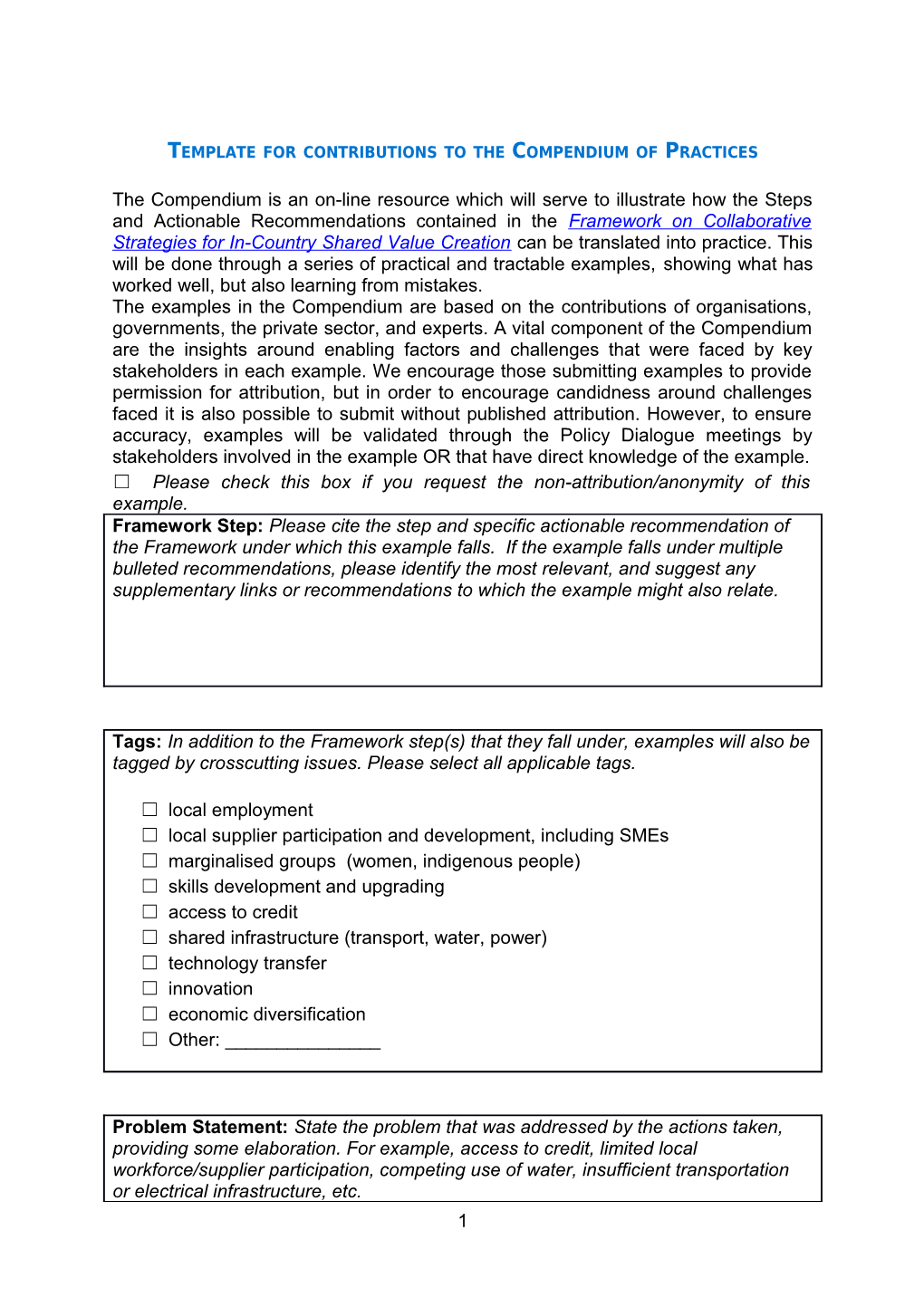 Template for Contributions to the Compendium of Practices