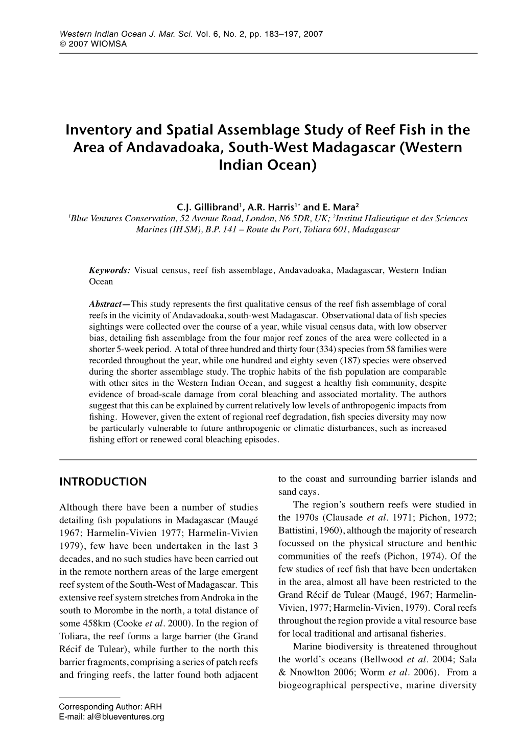 Inventory and Spatial Assemblage Study of Reef Fish in the Area of Andavadoaka, South-West Madagascar (Western Indian Ocean)