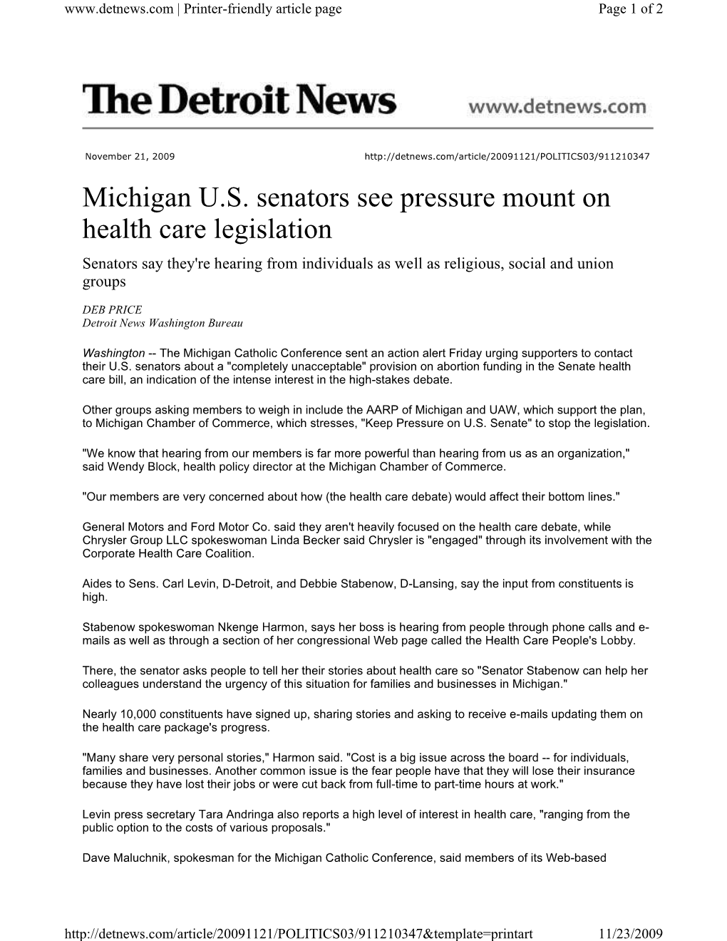 Michigan U.S. Senators See Pressure Mount on Health Care Legislation