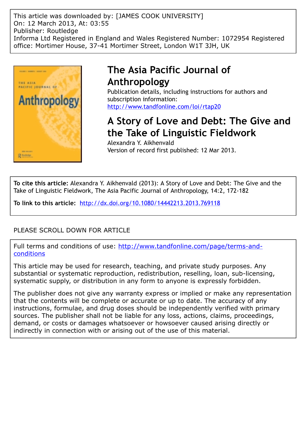 A Story of Love and Debt: the Give and the Take of Linguistic Fieldwork Alexandra Y