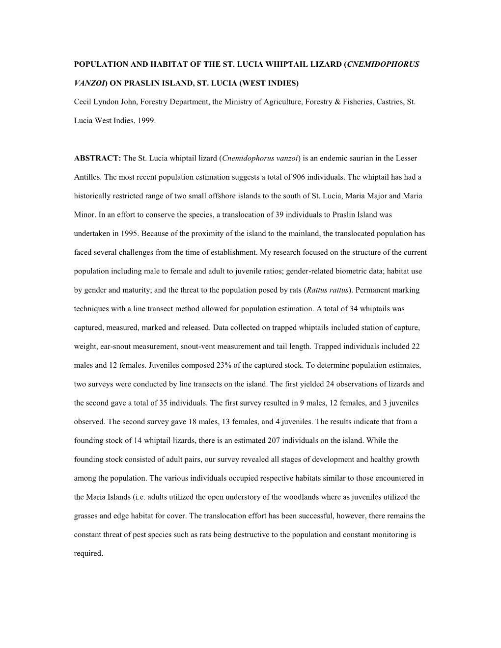 Population and Habitat of the St. Lucia Whiptail Lizard (Cnemidophorus