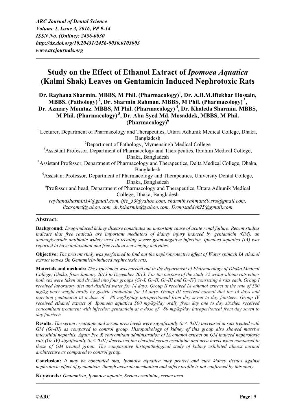 Study on the Effect of Ethanol Extract of Ipomoea Aquatica (Kalmi Shak) Leaves on Gentamicin Induced Nephrotoxic Rats