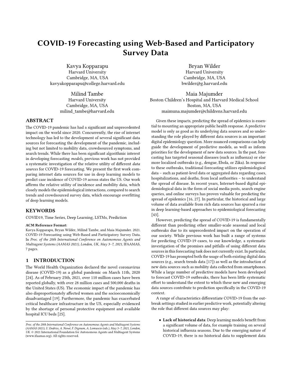 COVID-19 Forecasting Using Web-Based and Participatory Survey Data