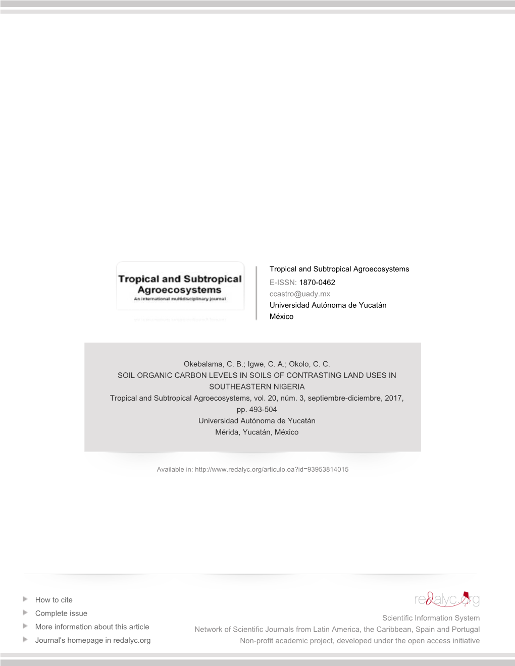 Redalyc.SOIL ORGANIC CARBON LEVELS in SOILS OF