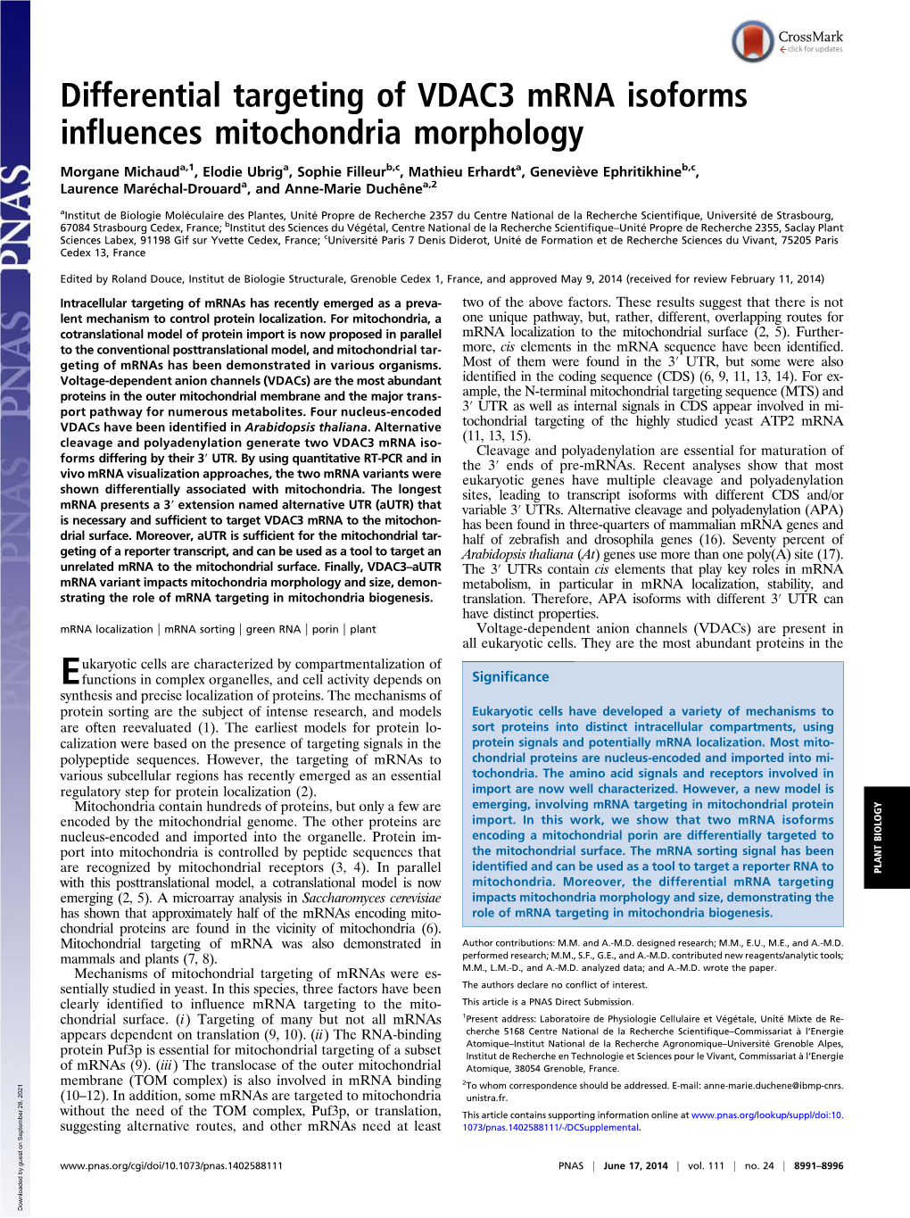 Differential Targeting of VDAC3 Mrna Isoforms Influences Mitochondria Morphology