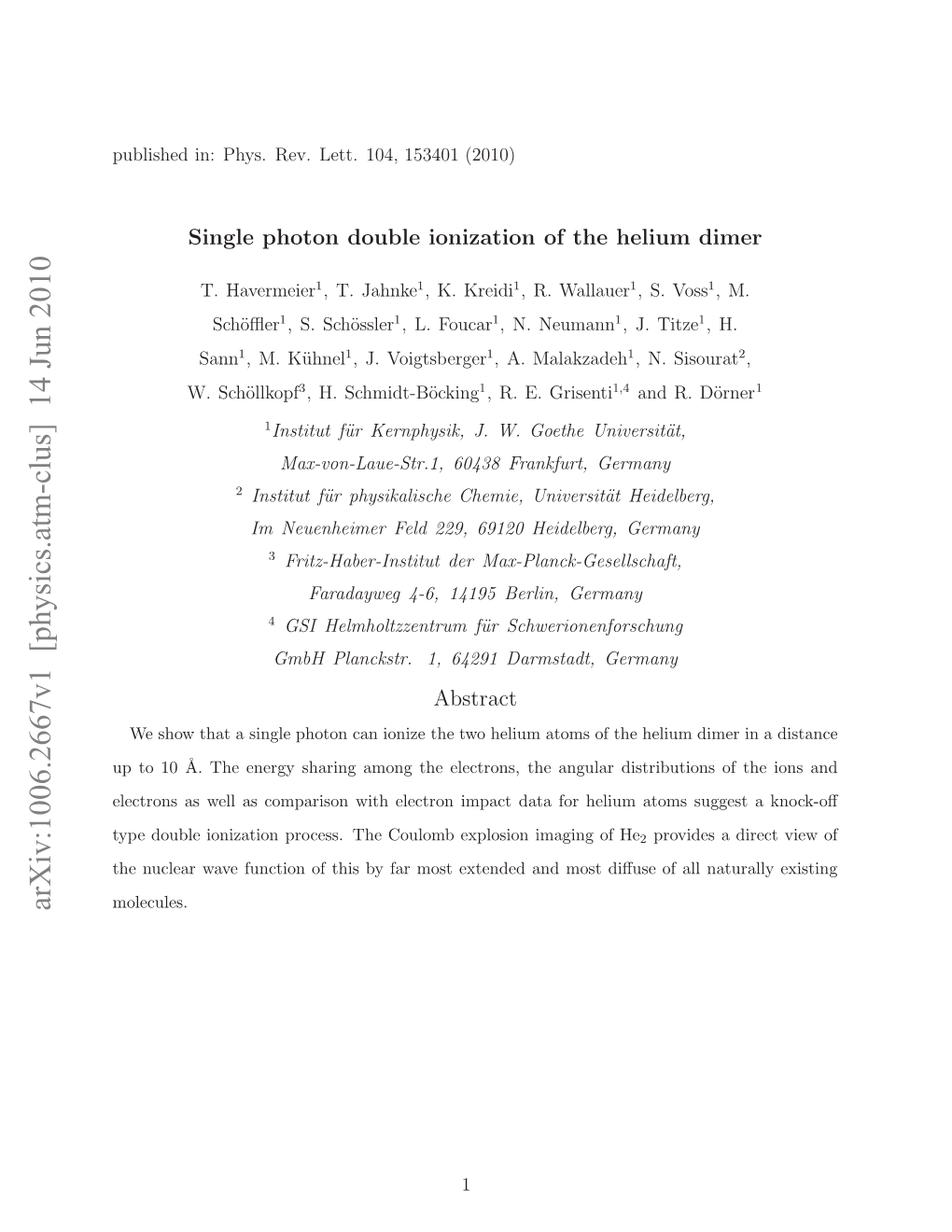 Arxiv:1006.2667V1 [Physics.Atm-Clus] 14 Jun 2010 Ulse N Hs E.Lt.14 541(2010) 153401 104, Lett